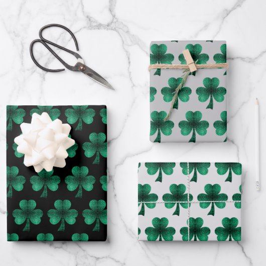 Emerald Green Sparkles Shamrock patroon zwart Inpakpapier Vel (Voorkant)