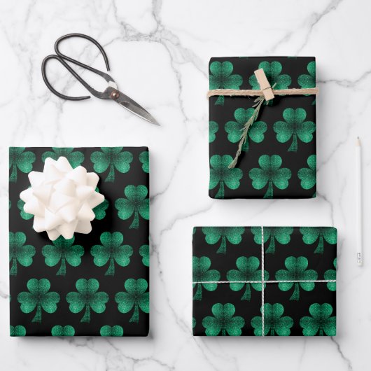 Emerald Green Sparkles Shamrock patroon zwart Inpakpapier Vel (Voorkant)