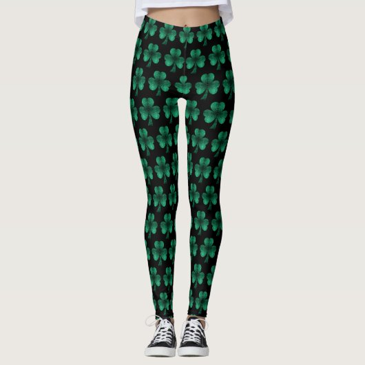 Emerald Green Sparkles Shamrock patroon zwart Leggings (Voorkant)