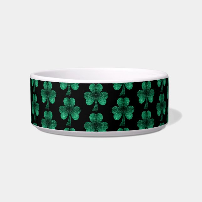 Emerald Green Sparkles Shamrock patroon zwart Voerbakje (Voorkant)