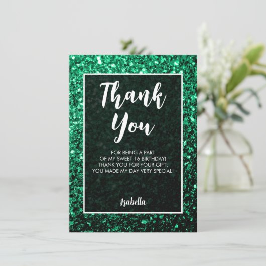 Emerald Green sparkles Sweet 16 elegant script Bedankkaart (Staand voorkant)