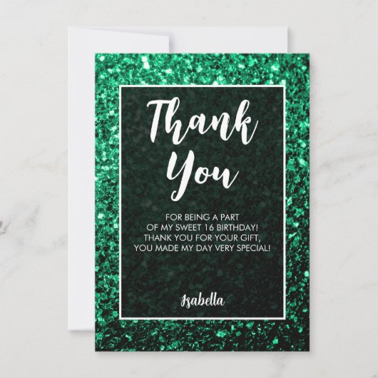 Emerald Green sparkles Sweet 16 elegant script Bedankkaart (Voorkant)