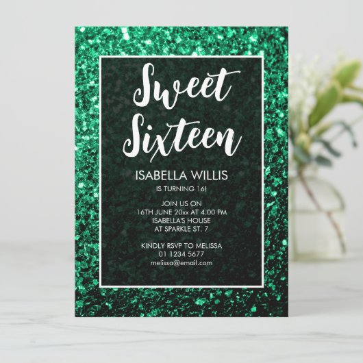 Emerald green sparkles Sweet 16 elegant script Kaart (Staand voorkant)