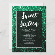 Emerald green sparkles Sweet 16 elegant script