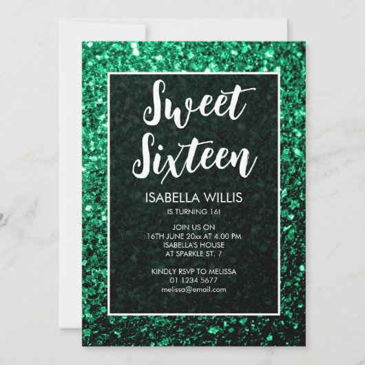 Emerald green sparkles Sweet 16 elegant script Kaart (Voorkant)