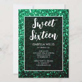 Emerald green sparkles Sweet 16 elegant script Kaart
