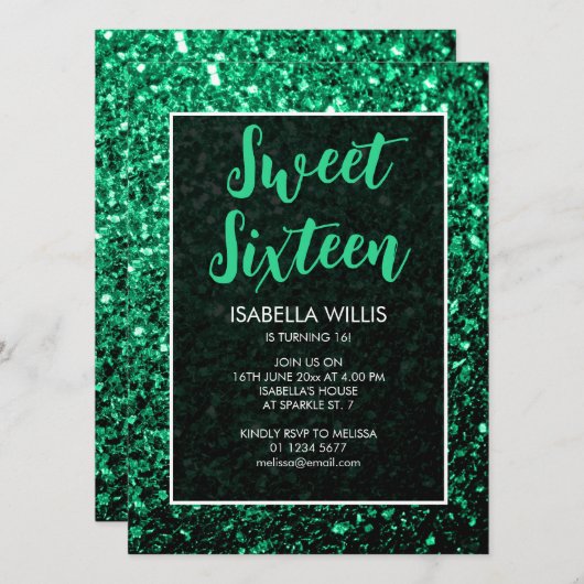 Emerald green sparkles Sweet 16 elegant script Kaart (Voorkant / Achterkant)