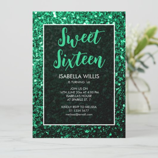Emerald green sparkles Sweet 16 elegant script Kaart (Staand voorkant)