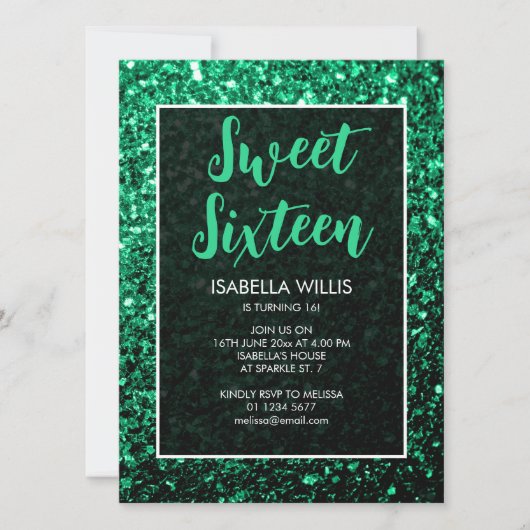 Emerald green sparkles Sweet 16 elegant script Kaart (Voorkant)