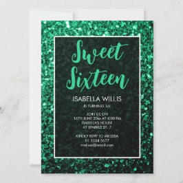 Emerald green sparkles Sweet 16 elegant script Kaart