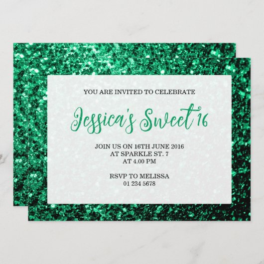 Emerald green sparkles Sweet 16 elegant script Kaart (Voorkant / Achterkant)