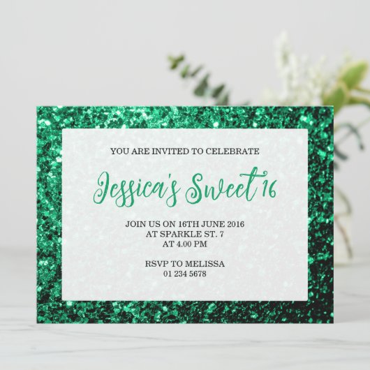 Emerald green sparkles Sweet 16 elegant script Kaart (Staand voorkant)