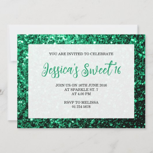 Emerald green sparkles Sweet 16 elegant script Kaart (Voorkant)