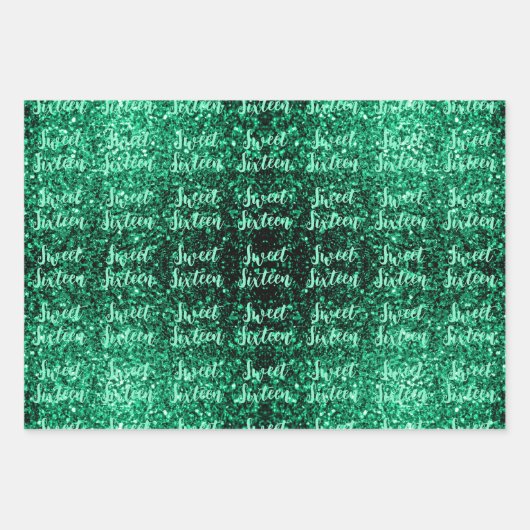 Emerald Green sparkles Sweet 16 script patroon Inpakpapier Vel (Voorkant 2)