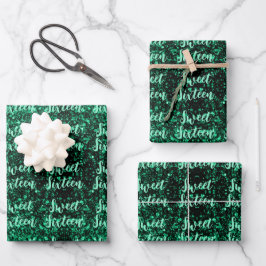 Emerald Green sparkles Sweet 16 script patroon Inpakpapier Vel
