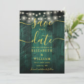 Emerald Green String Lights Hout Foto bruiloft Save The Date (Staand voorkant)