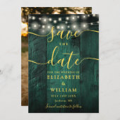 Emerald Green String Lights Hout Foto bruiloft Save The Date (Voorkant / Achterkant)