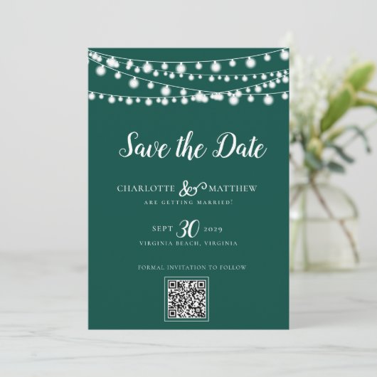 Emerald Green String Lights Modern Script Bewaar d Save The Date (Staand voorkant)