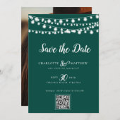 Emerald Green String Lights Modern Script Bewaar d Save The Date (Voorkant / Achterkant)