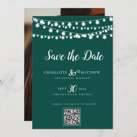 Emerald Green String Lights Modern Script Bewaar d Save The Date (Voorkant / Achterkant)