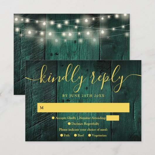 Emerald Green String Lights Rustiek Hout Wedding RSVP Kaartje (Voorkant / Achterkant)