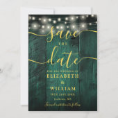 Emerald Green String Lights Rustiek Hout Wedding Save The Date (Voorkant)
