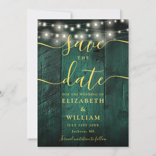 Emerald Green String Lights Rustiek Hout Wedding Save The Date (Voorkant)