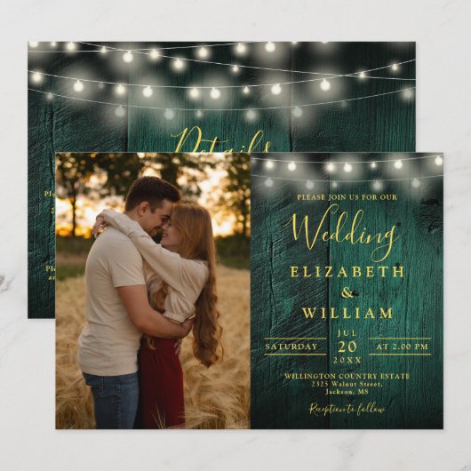 Emerald Green String Lights Trouwfoto Details Kaart (Voorkant / Achterkant)