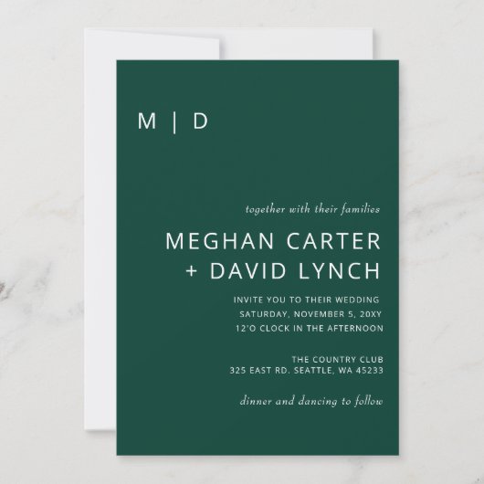 Emerald Green Stylish Modern Monogram Wedding Kaart (Voorkant)