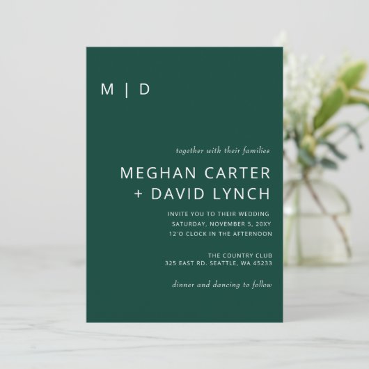 Emerald Green Stylish Modern Monogram Wedding Kaart (Staand voorkant)
