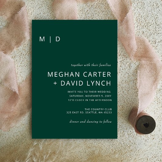 Emerald Green Stylish Modern Monogram Wedding Kaart