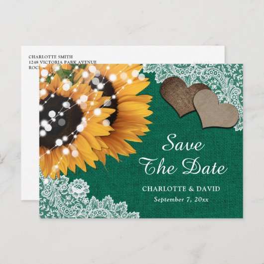 Emerald Green Sunflower Wedding Save the Date Aankondigingskaart (Voorkant / Achterkant)