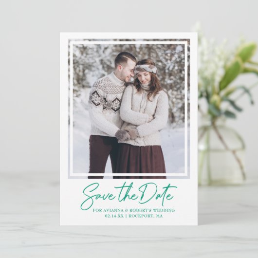 Emerald Green Text Photo Wedding Save The Date (Staand voorkant)