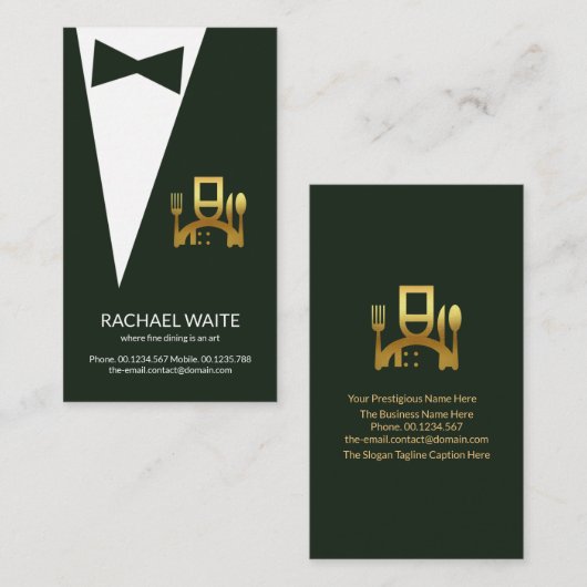 Emerald Green Tuxedo Gold Chef Icon Restaurant Visitekaartje (Voorkant / Achterkant)