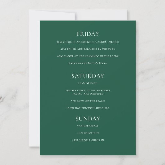Emerald Green Typography Bachelorette Weekend Kaart (Achterkant)