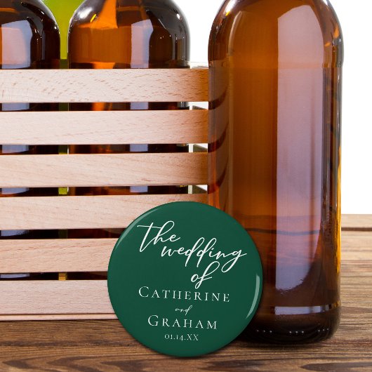 Emerald Green Typography Forest Wedding Button Flesopener