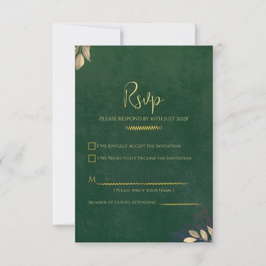 Emerald Green Velvet Luxe Gold Accent Wedding RSVP Kaartje (Voorkant)