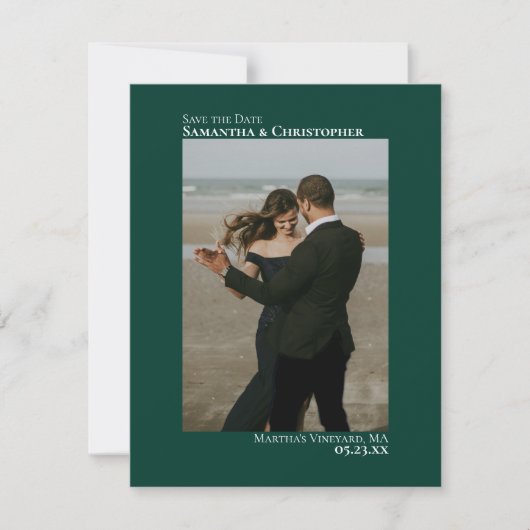 Emerald Green Vertical Photo Minimalist Weddenscha Save The Date (Voorkant)