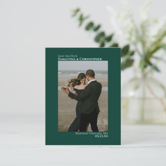 Emerald Green Vertical Photo Minimalist Weddenscha Save The Date (Staand voorkant)
