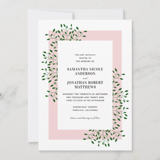 Emerald Green Vines en Light Pink Elegant Wedding Kaart (Voorkant)