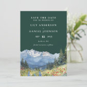 Emerald Green Watercolor Mountain Photo Wedding Save The Date (Staand voorkant)