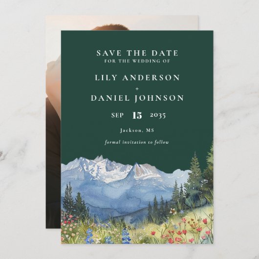 Emerald Green Watercolor Mountain Photo Wedding Save The Date (Voorkant / Achterkant)
