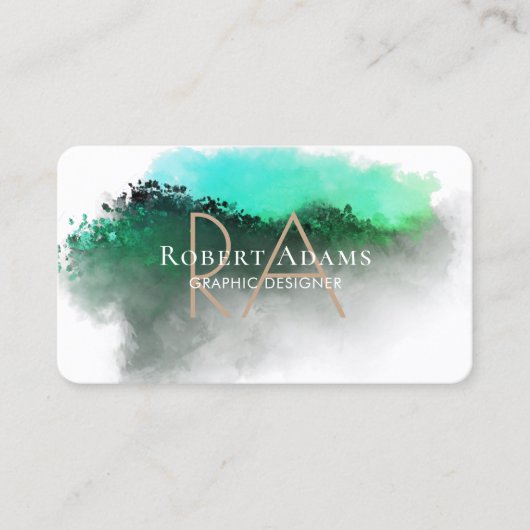 Emerald Green Waterverf Abstracte Monogrammed Visitekaartje (Voorkant)