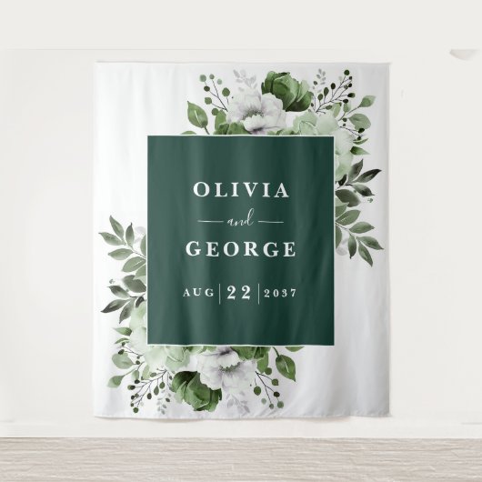 Emerald Green Waterverf Bloemen Foto Achtergrond Wandkleed (Voorkant)