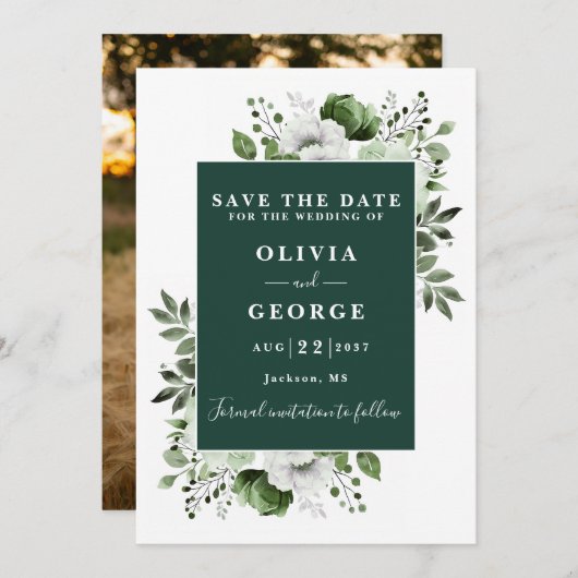 Emerald Green Waterverf Bloemen Fotobruiloft Save The Date (Voorkant / Achterkant)