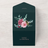 Emerald Green Waterverf Burgundy Flowers Wedding All In One Uitnodiging (Buitenkant)