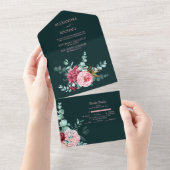 Emerald Green Waterverf Burgundy Flowers Wedding All In One Uitnodiging (Afscheurbaar)
