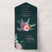 Emerald Green Waterverf Burgundy Flowers Wedding All In One Uitnodiging (Binnen)
