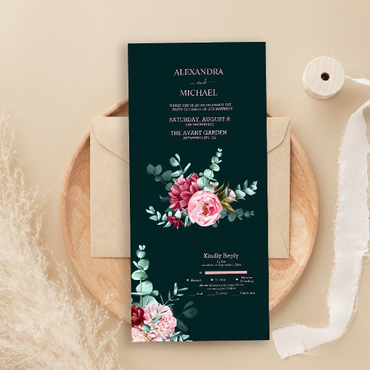 Emerald Green Waterverf Burgundy Flowers Wedding All In One Uitnodiging