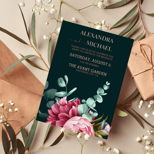 Emerald Green Waterverf Burgundy Flowers Wedding Folie Uitnodiging